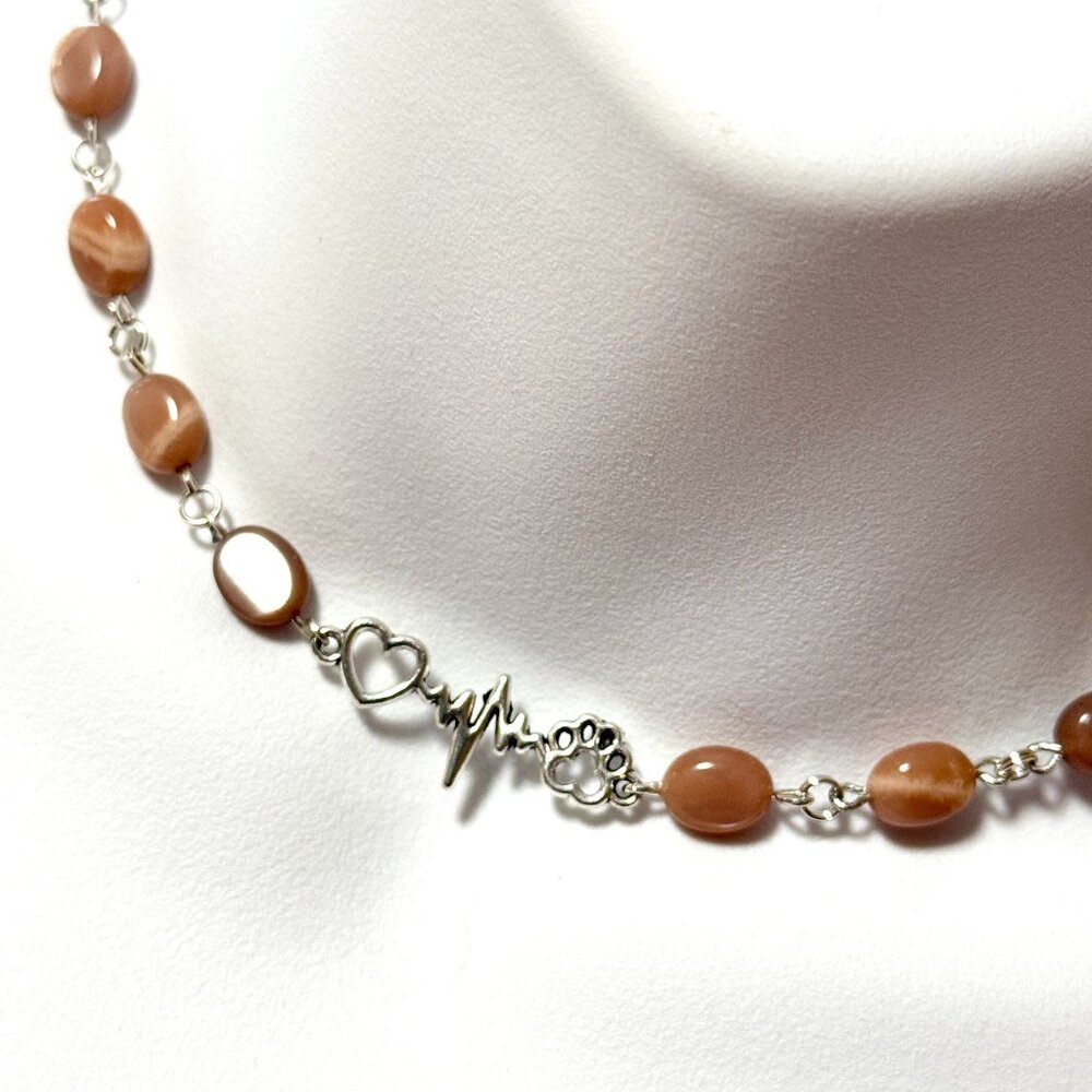 Peach Moonstone Adjustable Choker, Paw Print Heart Beat Pendant+Genuine Gemstone